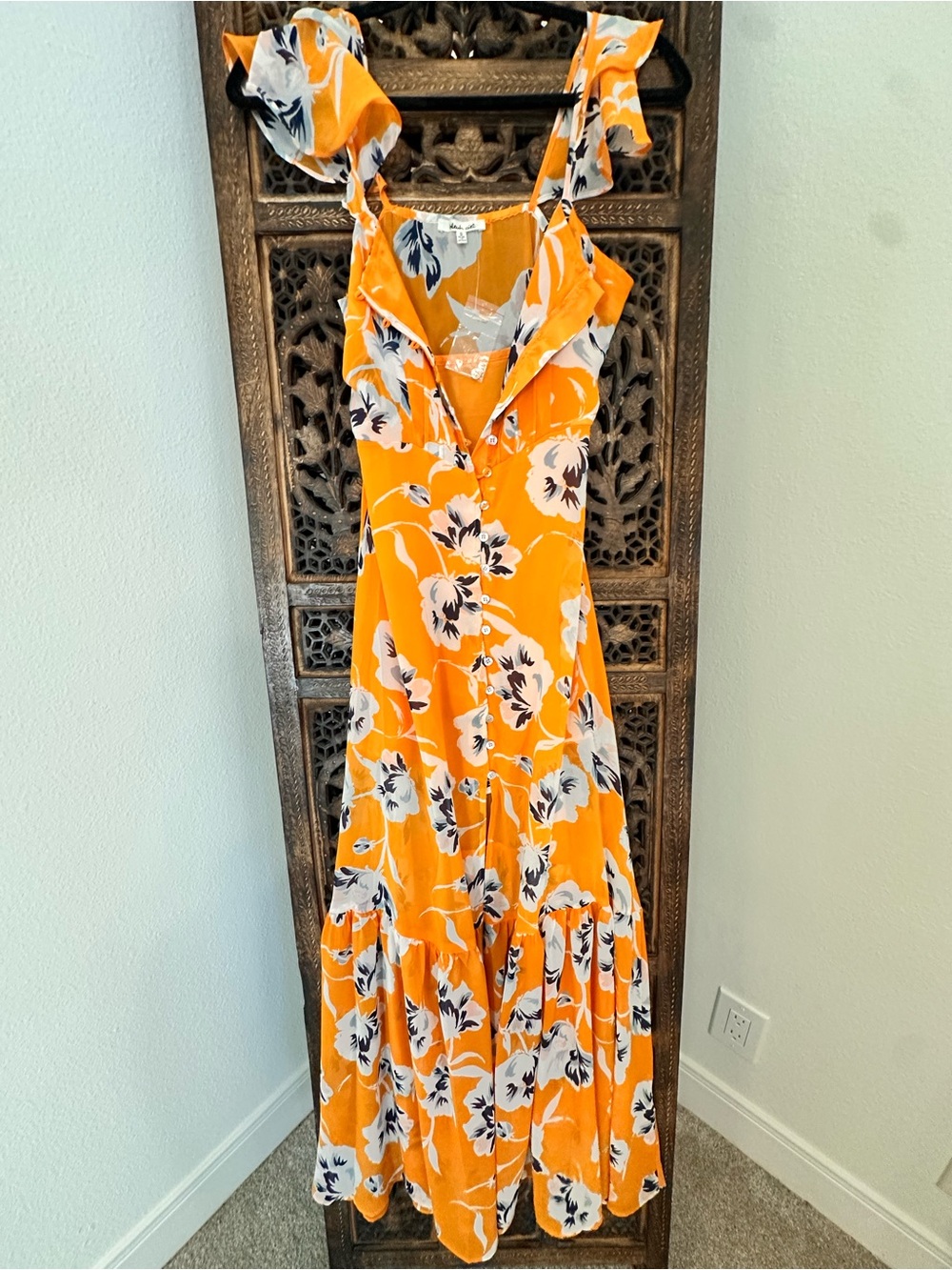 bleuh ciel Orange Floral Maxi Dress with Ruffle Straps